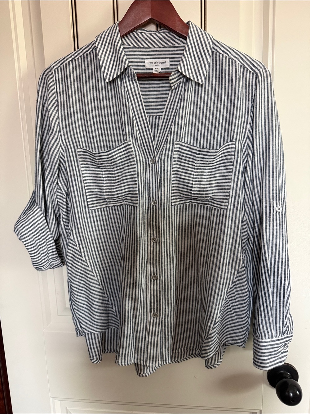 Westbound Ladies Navy & White Vertical Stripe Button-Up Shirt